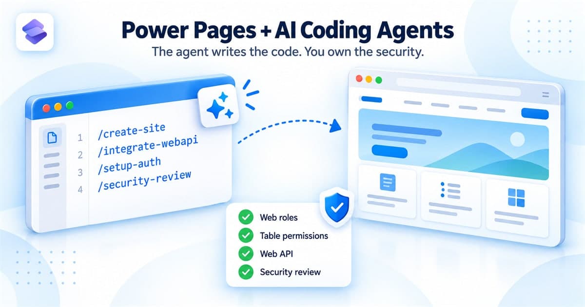 Power Pages and AI coding agents: a code editor listing /create-site, /integrate-webapi, /setup-auth and /security-review, an arrow to a portal website preview, and a checklist for web roles, table permissions, Web API and security review.